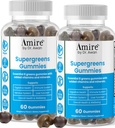 Amire by Dr. Awan Super Greens Gummies, Fruits & Veggies Supplement, Green Superfood for Immunity, Metabolism, Liver Function & Nervous System, Essential 8 Greens, 120ct, 60day Supply