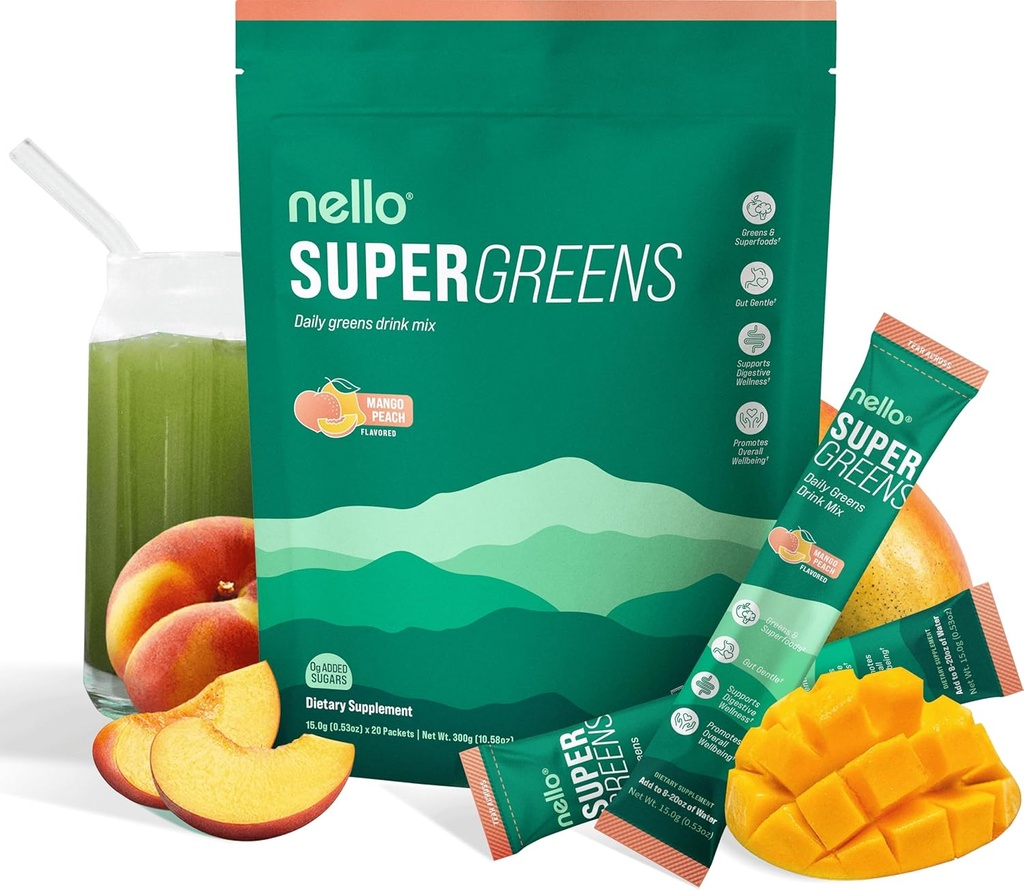 Nello Supergreens Premium Superfood Greens Drink Mix w/Chlorella, Moringa, Spinach & Broccoli + Digestive Enzymes & Probiotic Blend -Nutrient-Packed Powder Wellness (Mango Peach, 20 SRV, Travel Pack)