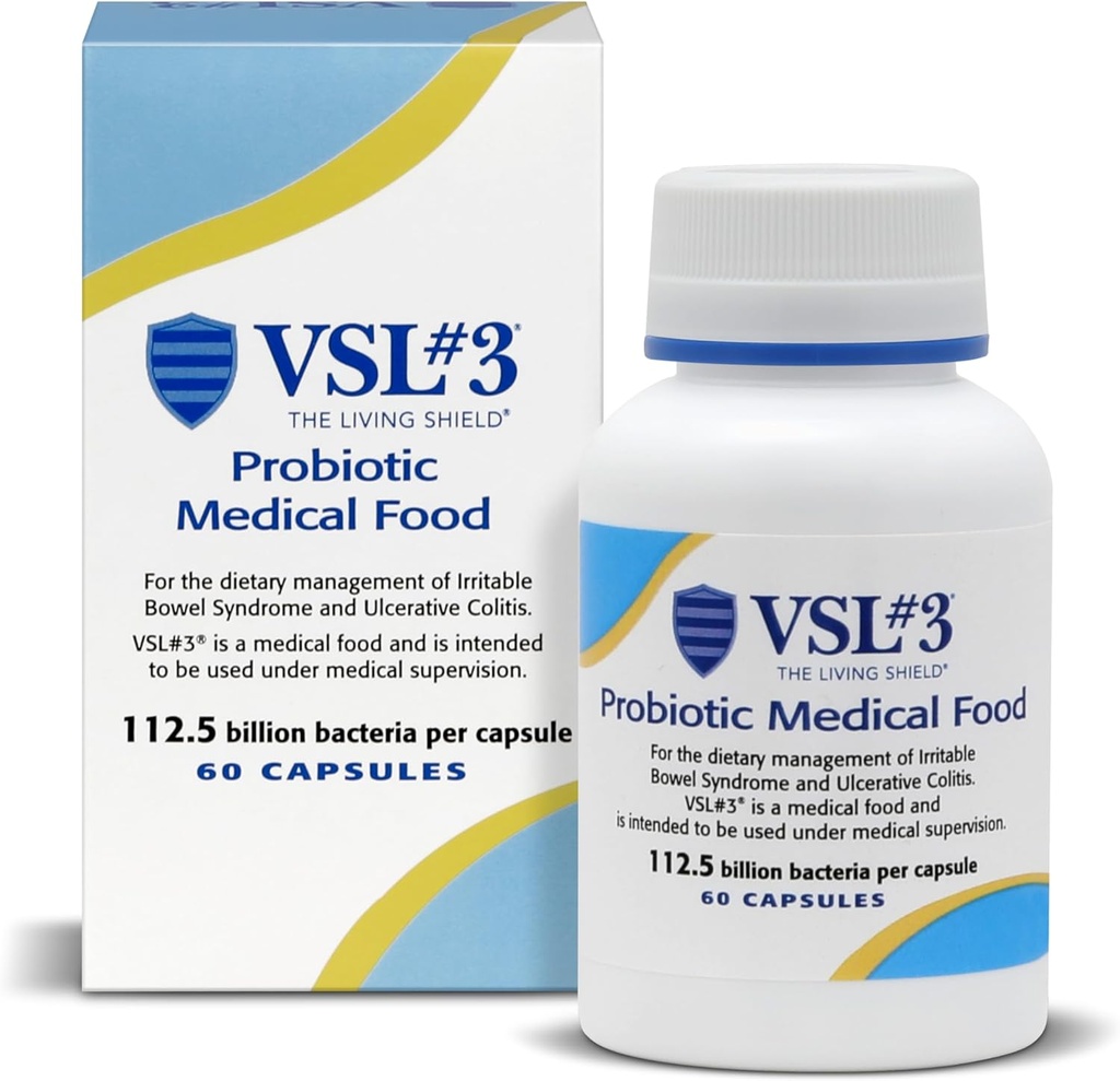 VSL #3® Probiotics for Digestive Health, IBS & UC Symptoms - 112.5B CFUs, High-Potency, Multi-Strain, Live, Refrigerated Probiotic, Medical Food for Gut Health Support in Men & Women, 60 Capsules