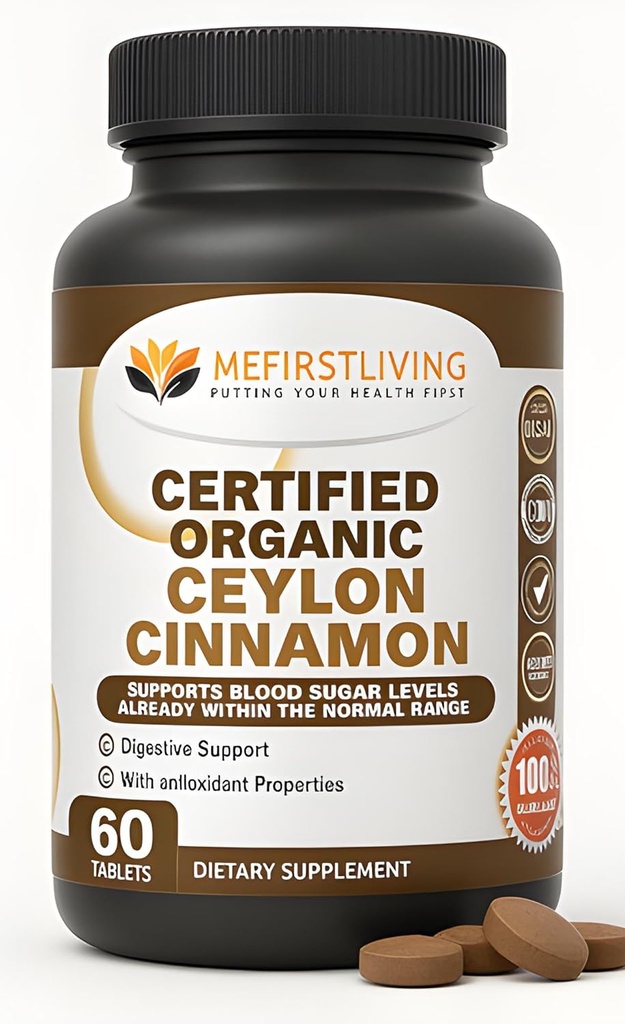 Me First Living Ceylon Cinnamon 1000mg, 100% Certified Organic Ceylon Cinnamon, Non-GMO, True Cinnamon, Metabolism Support, Antioxidant - 60 Tablets