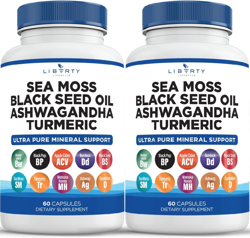 Sea Moss Black Seed Oil Ashwagandha Turmeric Bladderwrack Burdock - with Manuka, Honey Dandelion, ACV Black Pepper Gluten Free - 2-Pack