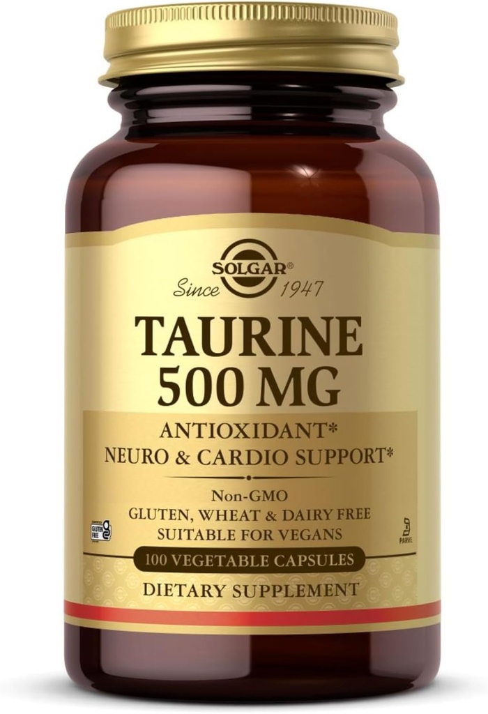 Solgar Taurine 500 mg, 100 Vegetable Capsules - Antioxidant - Brain Health - Amino Acid - Vegan, Gluten Free, Dairy Free, Kosher - 100 Servings