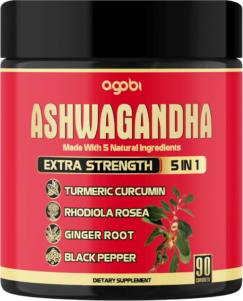 Ashwagandha Capsule 5in1-90 Vegan Capsules Blended with Ginger, Turmeric, Rhodiola Rosea & Black Pepper