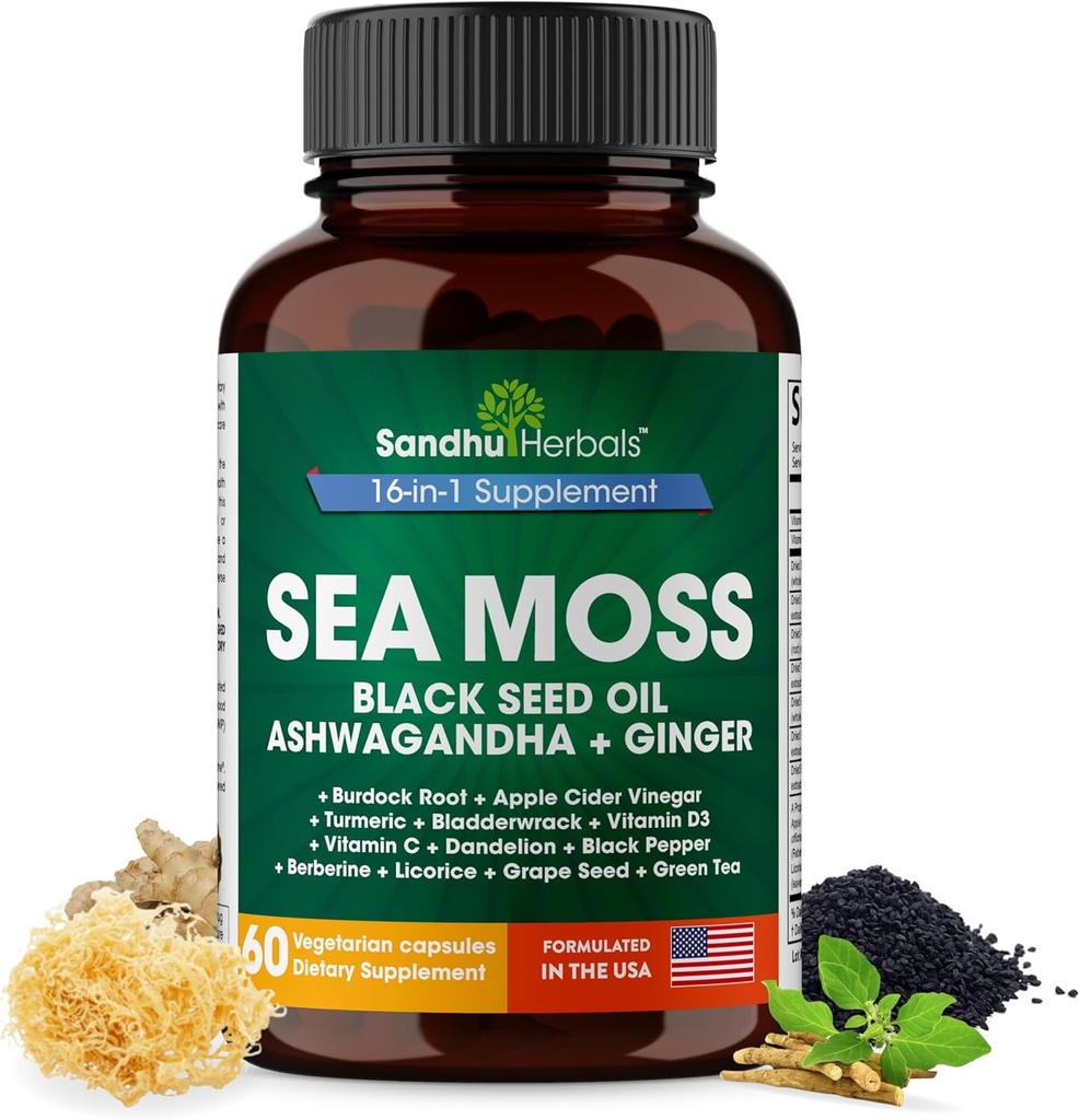SANDHUHERBALS Sea Moss Capsules with Black Seed Oil Ashwagandha Ginger Burdock Root | Advanced Seamoss 60 Count | All Men Women Age