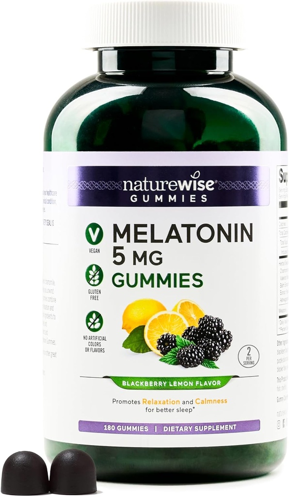 NatureWise Melatonin Gummies 5mg - Non-Habit Forming Sleep Support Supplement with Ashwagandha, Valerian Root - BlackBerry-Lemon Flavor - Vegan, Gluten Free, Non-GMO - 180 Count[90-Day Supply]
