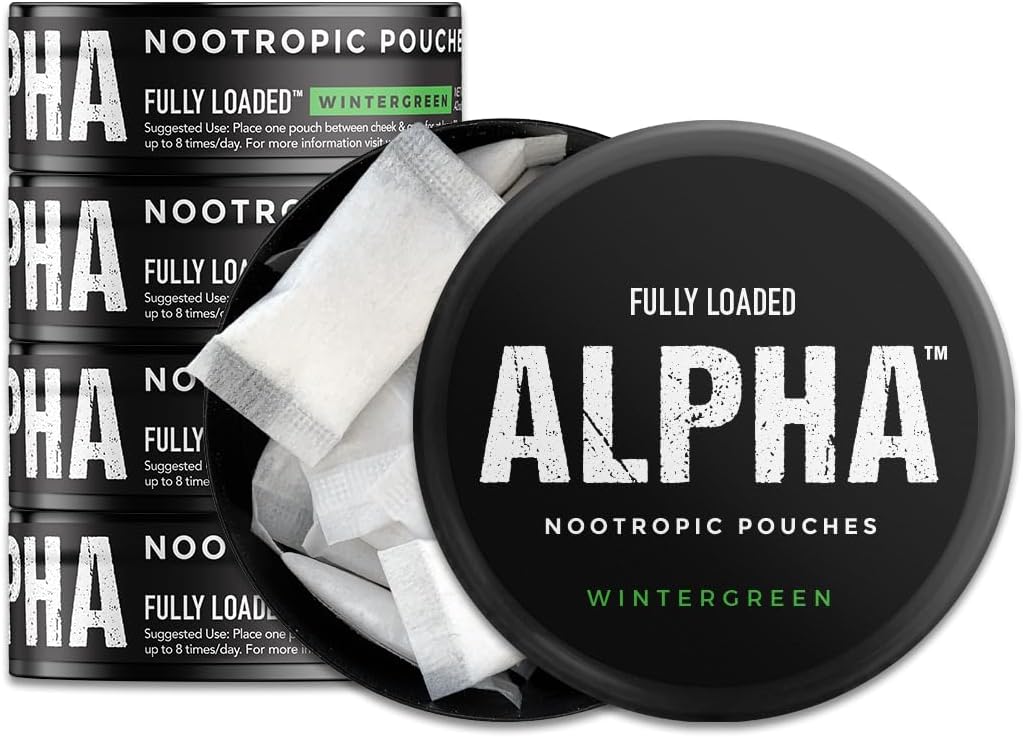 Fully Loaded Alpha Nootropic Pouches (Wintergreen) - 5 Cans - 15 Pouches per can - Effective Nootropic Delivery, Nic Pouch Replacement - Faster Absorption, Alpha GPC, L-Tyrosine, GABA