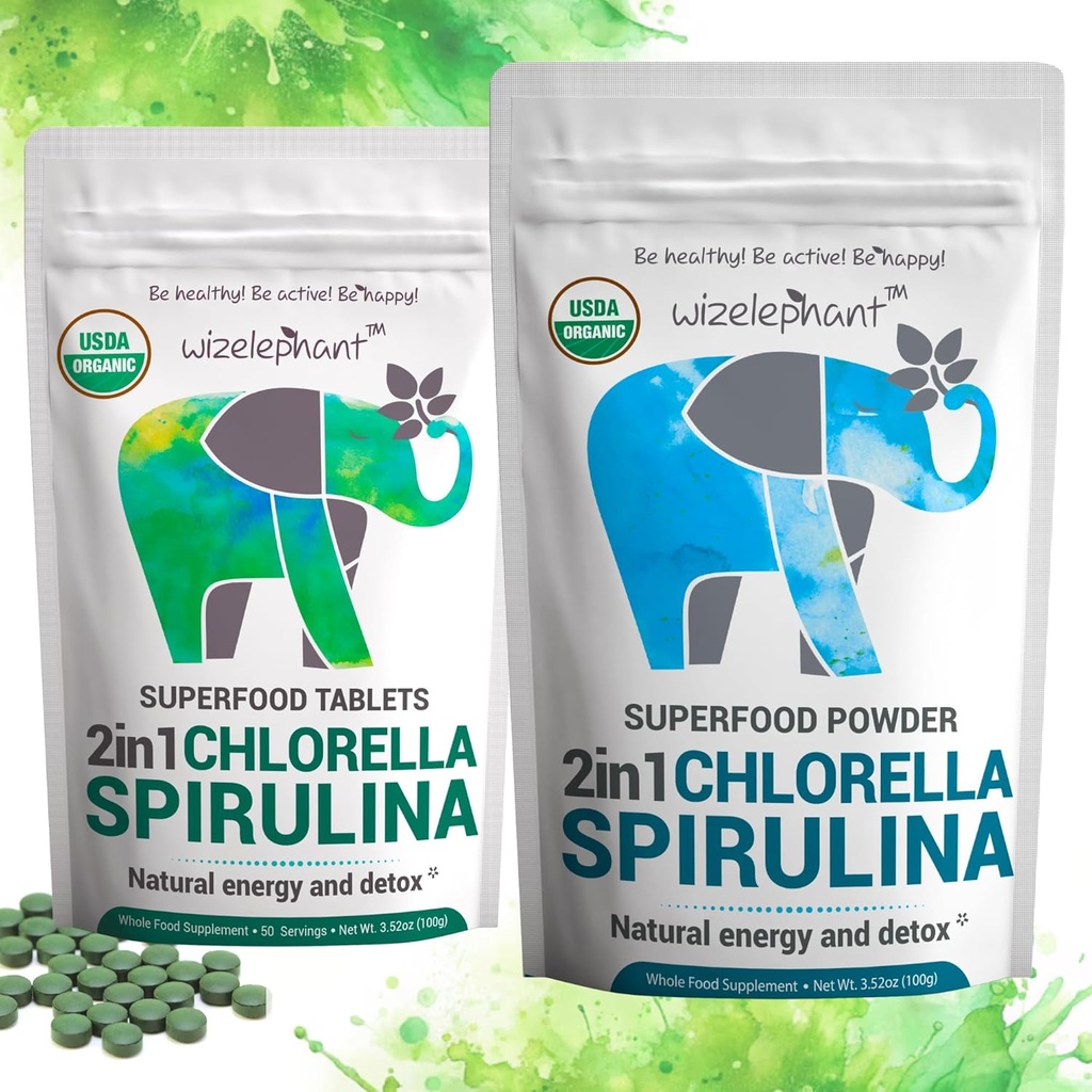Chlorella Spirulina Powder Organic + Spirulina Chlorella Tablets | Organic| Rich in Chlorophyll | Greens Superfood Powder & Tablets Bundle