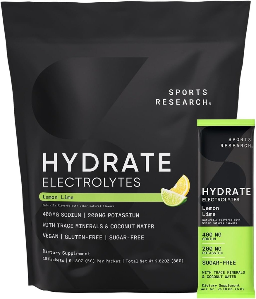 Sports Research Hydrate Electrolytes Powder Packets - Sugar-Free & Naturally Flavored with Vitamins, Minerals, and Coconut Water - Supports Hydration - 16 Packets - Lemon Lime