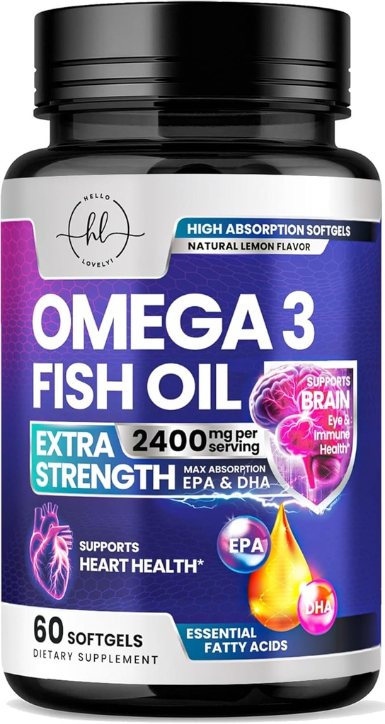 Omega 3 Fish Oil Supplements 2400mg - Triple Strength Omega 3 Fatty Acids, Natural Heart Health Brain & Joint Support - Fatty Acids with EPA & DHA - Wild Caught Fish Oil Supplement - 60 Softgels