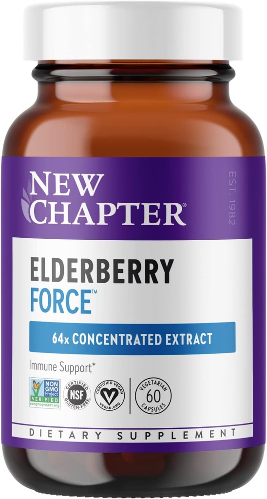 New Chapter Vegan Elderberry Capsules with 64x Concentrated Black Elderberry + Black Currant for Comprehensive Immune Support, Non-GMO Project Verified, Gluten Free, Certified Vegan, 60 Count