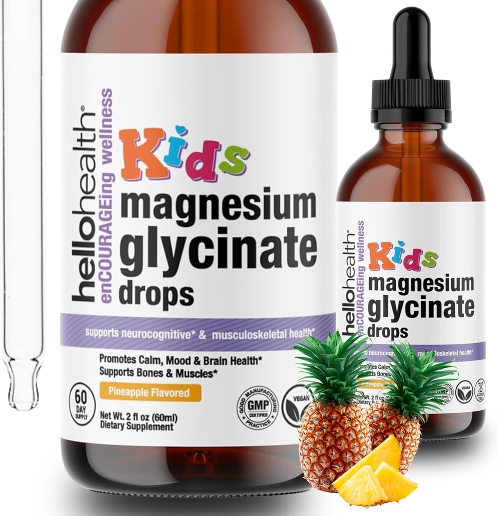 Kids Magnesium Glycinate Liquid Drops – Sugar Free Liquid Magnesium Drops, Happy Calm for Kids Calming Supplement Complex – Magnesium for Children & Nighttime Sleep, Pineapple Flavor 2 Fl Oz.
