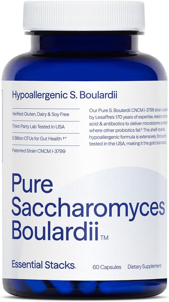 Essential Stacks Saccharomyces Boulardii Probiotics (Non-GMO & Gluten Free) - 5 Billion CFUs for Gut Health (60 Capsules)