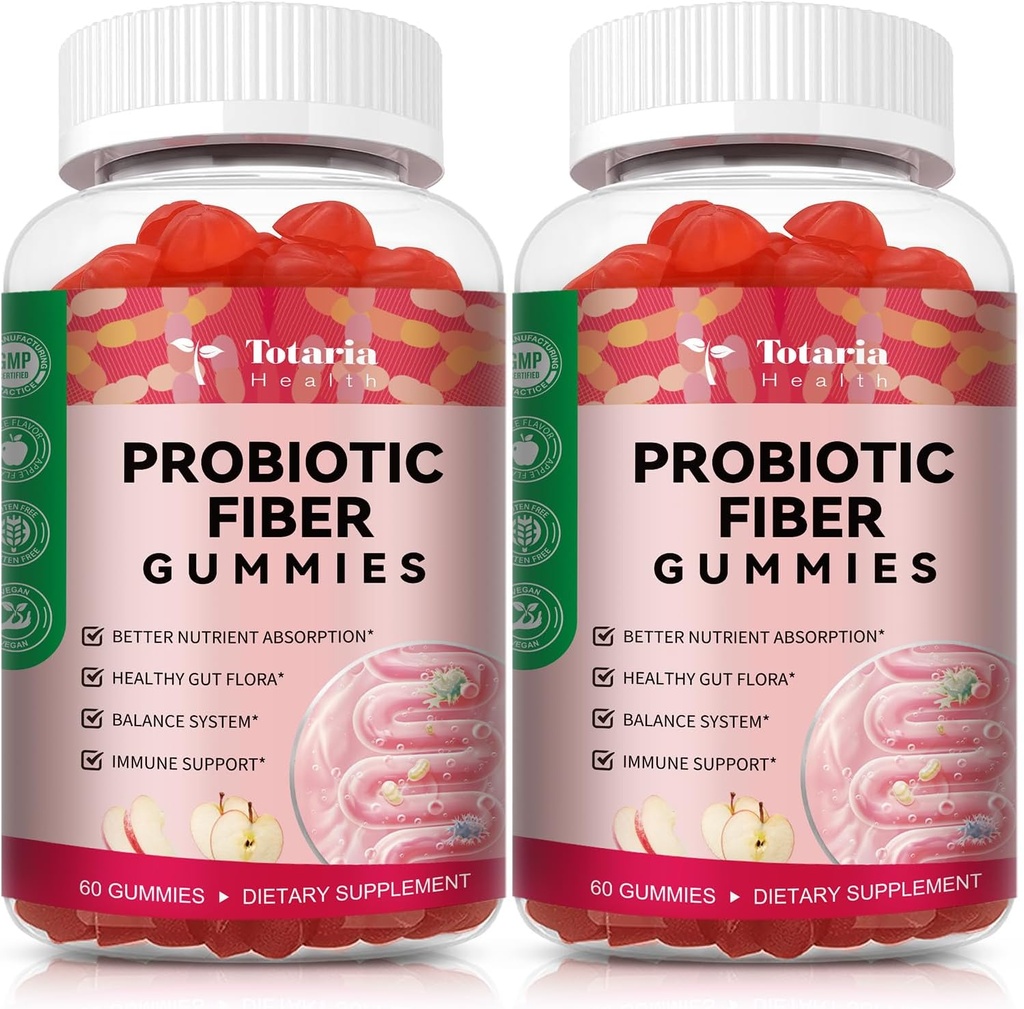 9-in-1 Probiotic Fiber Gummies for Adults & Teens 16G Fiber per Serving, Psyllium Fiber Supplement with 5 Billion CFU Bacillus Coagulans, Inulin, ACV for Digestive, Gut & Immune Wellness - 2 Bottles