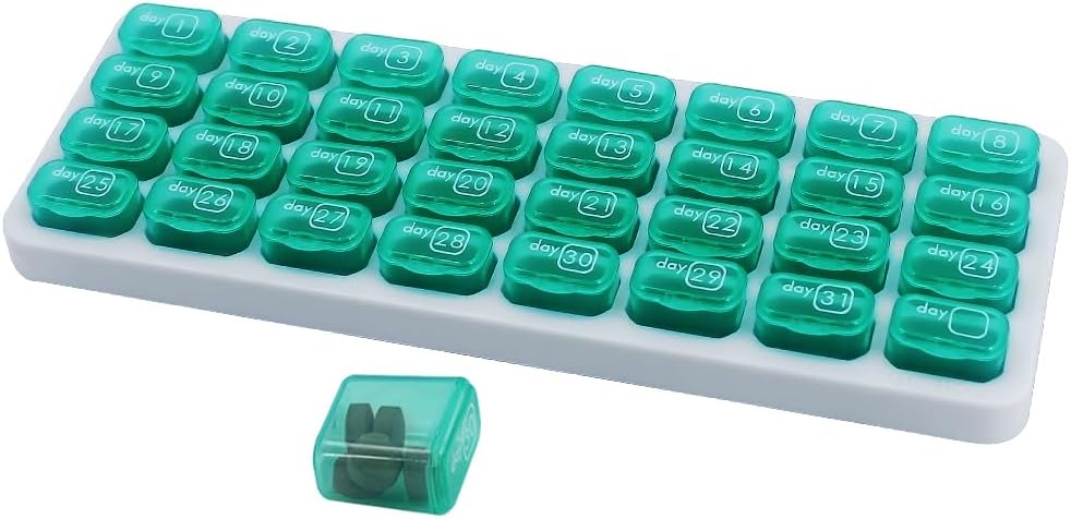 Monthly Pill Organizer, Large Travel Pill Box 31 Day, Daily Pill Case, Pill Holder Container for Vitamin, Medicine, Supplement, Fish Oil, Green