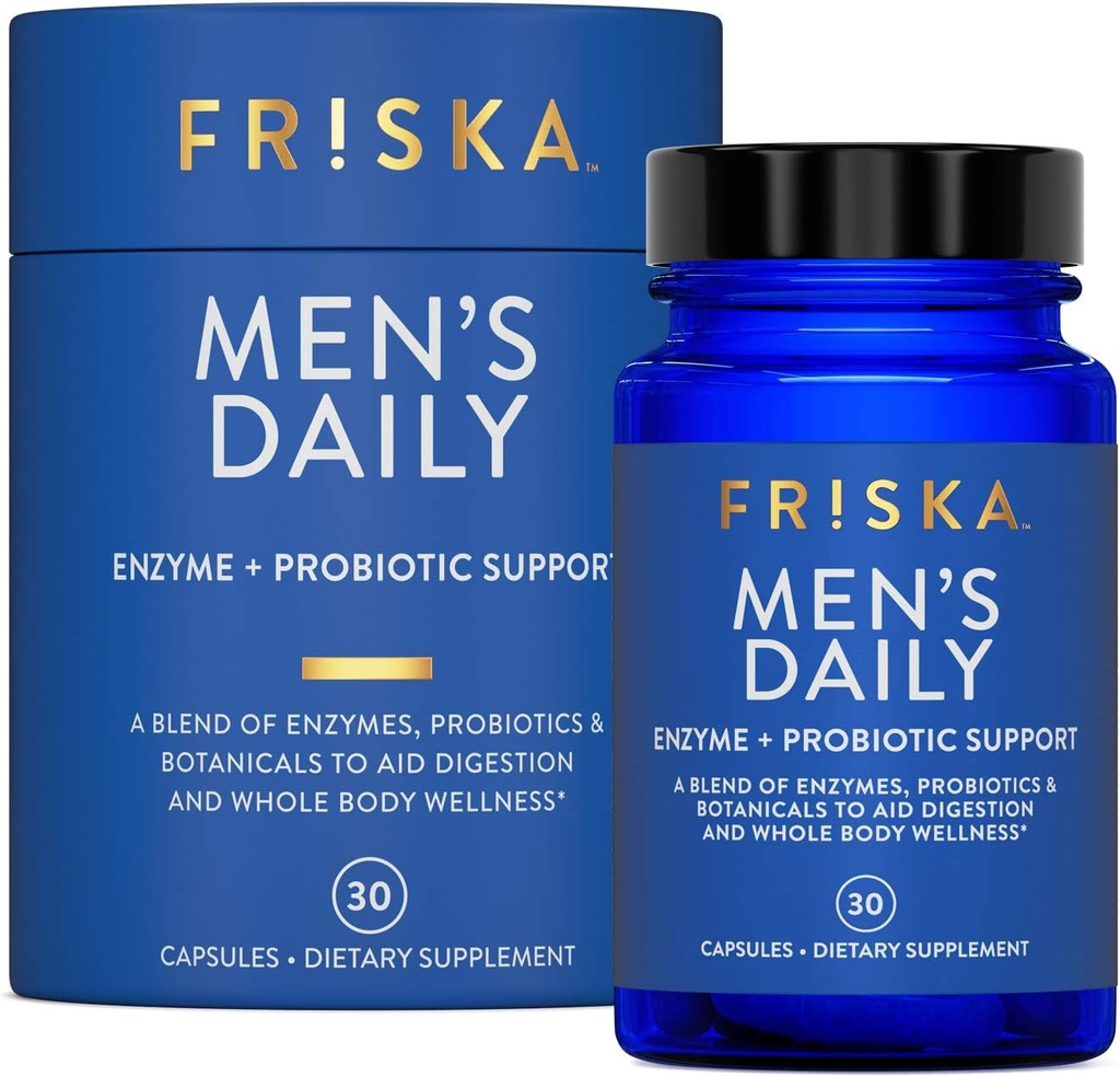 FRISKA Men’s Daily Digestive Enzyme and Probiotics Supplement, Natural Support for Male Digestive Health, Bloating, Gas, Indigestion Relief, Supports Gut Health, Lactase and B-Vitamins, 30 Capsules