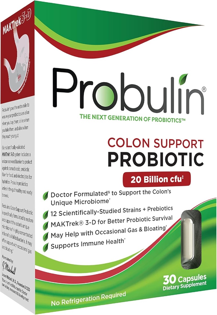 Probulin Colon Support Daily Probiotic + Prebiotic + Support Gut Health, Occasional Gas and Bloating - 20 Billion CFU - 12 Strains, 30 Vegan Capsules