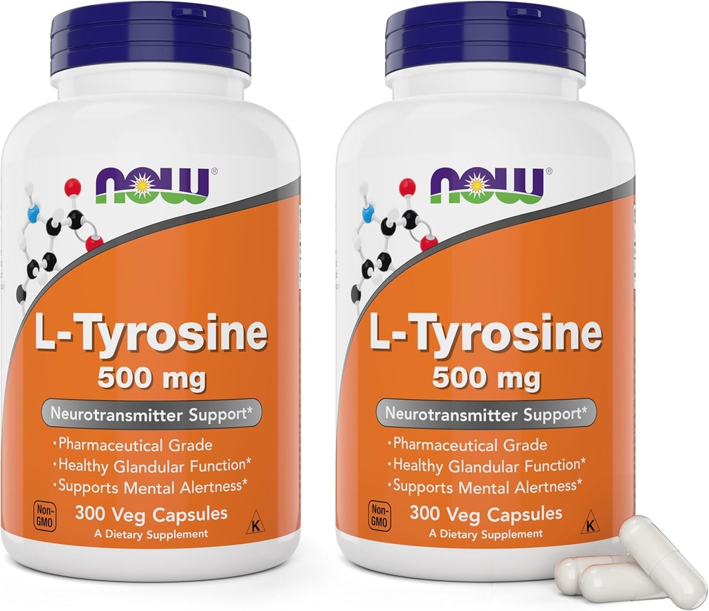 NOW Foods L-Tyrosine 500mg, 300 Capsules (Pack of 2) - Non GMO Supplement - 500 mg Caps - Free Form Ltyrosine