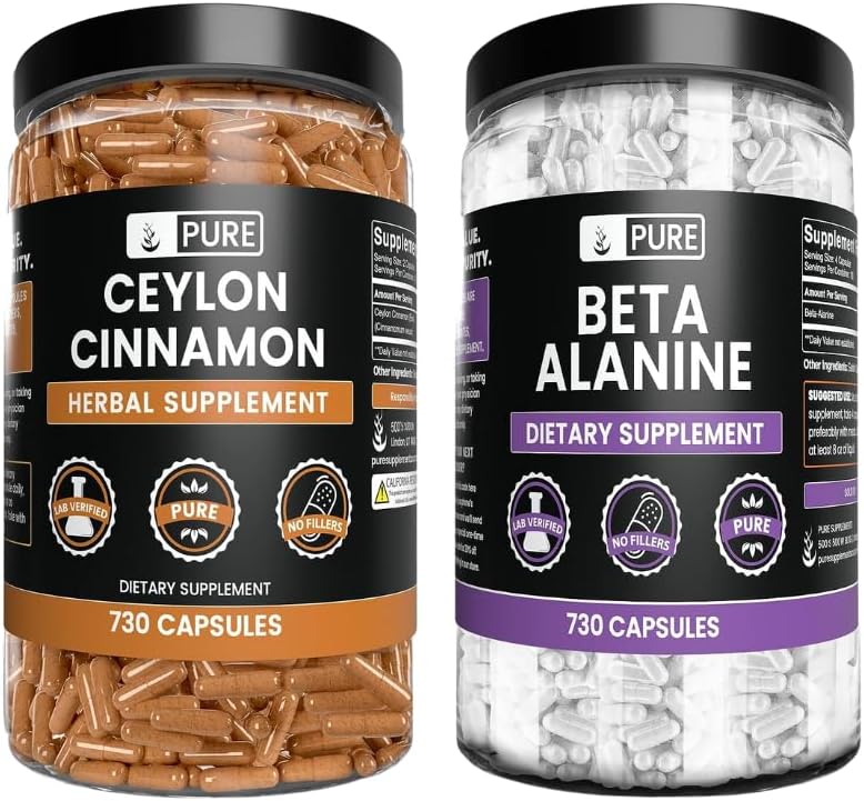 PURE ORIGINAL INGREDIENTS Ceylon Cinnamon and Beta Alanine Capsules Bundle (730 Capsules Each) No Magnesium or Rice Fillers, Lab Verified