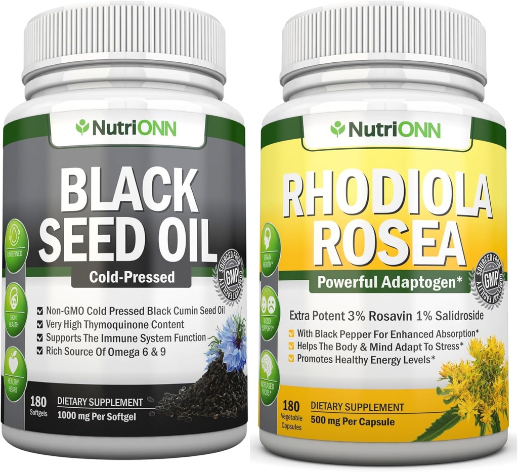 Black Seed Oil Softgels & Rhodiola Rosea Capsules - Targeted Vitality and Immunity Boost