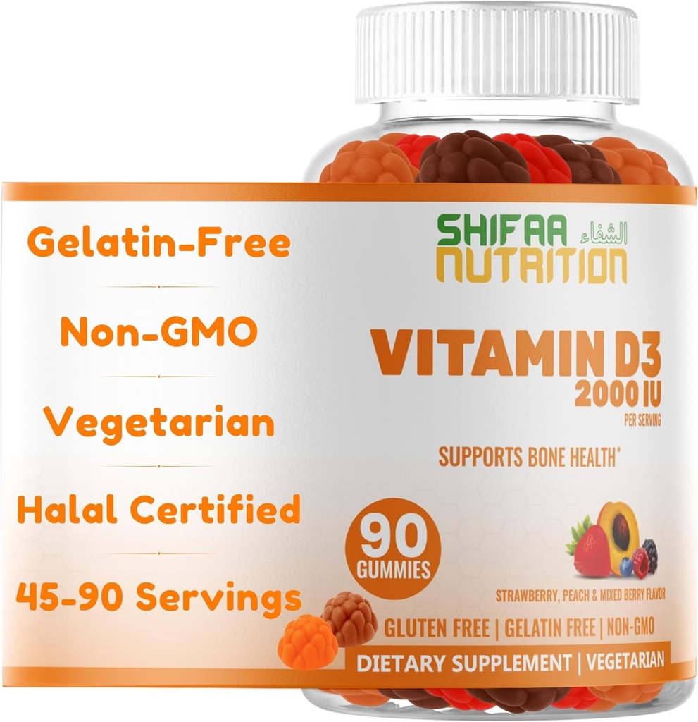 SHIFAA NUTRITION Vegetarian Vitamin D3 Gummies for Adults & Kids | 45-90 Servings, 2,000IU / 1,000IU | Non-GMO, Gluten-Free, Gelatin-Free | Supports Bones, Muscles & Immune System Halal Vitamins