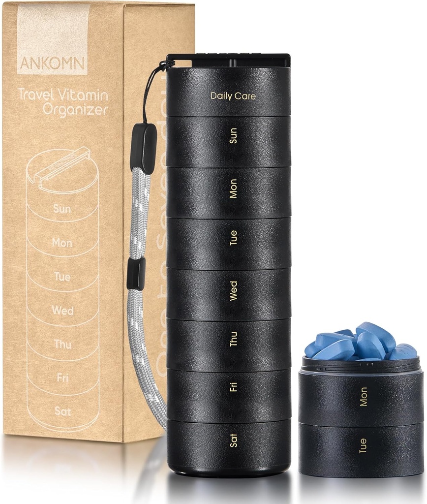 Ankomn - 7 Day Travel Pill Organizer. IPX7 Rating Waterproof, Airtight & Portable Pill Case for Vitamins. Durable Weekly Supplement Case with Stackable Compartments for Outdoor Use - Black