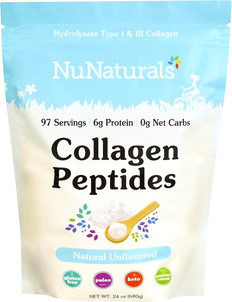 Nunaturals Collagen Peptides Powder (Type I, III), for Skin, Hair and Nail, 24oz