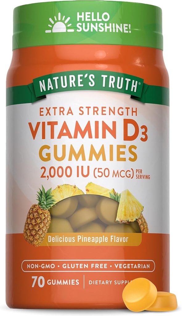 Nature's Truth Vitamin D3 Gummies | 2000 IU | 70 Count | Pineapple Flavor | Vegetarian, Non-GMO and Gluten Free Supplement