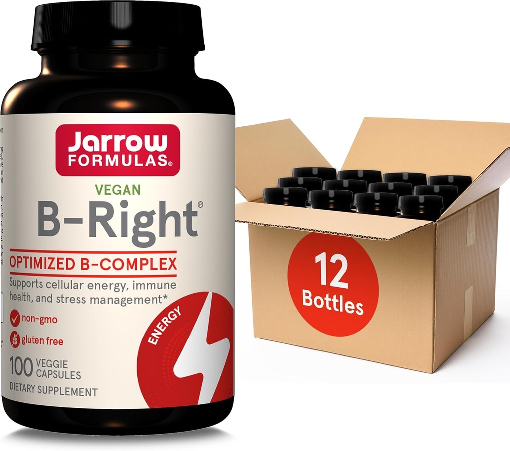 Jarrow Formulas B-Right,Optimized B Complex Featuring Vit B1,B2,B5,B6,B12 and B9 to Support Cellular Energy,Immune Health and Stress Management,100 Veggie Caps,Up to a 100 Day Supply, Pack of 12