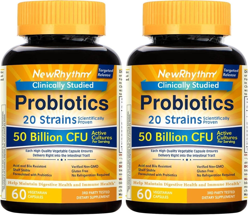 NewRhythm Probiotics 50 Billion CFU 20 Strains, 60 Veggie Capsules, Targeted Release Technology, Stomach Acid Resistant, No Need for Refrigeration, Non-GMO, Gluten Free (Pack of 2)