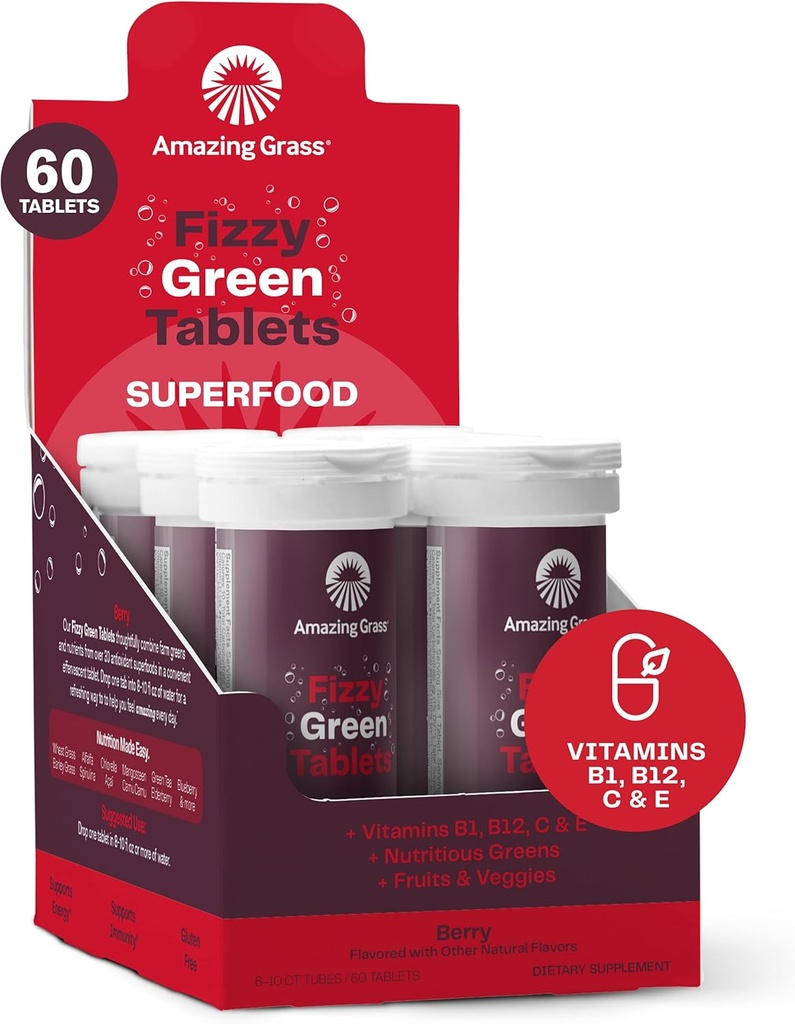 Amazing Grass Fizzy Green Tablets Superfood Berry: Green Superfood Water Flavoring Tablet with Antioxidants & Alkalizing Greens, 60 Count