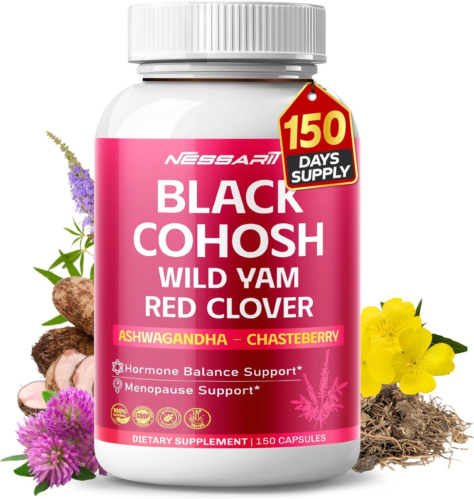 Black Cohosh 9,600mg* – Hormonal Balance Support with Wild Yam, Red Clover, Ashwagandha, Chasteberry & More – 150 Capsules – Made & Lab Tested in USA