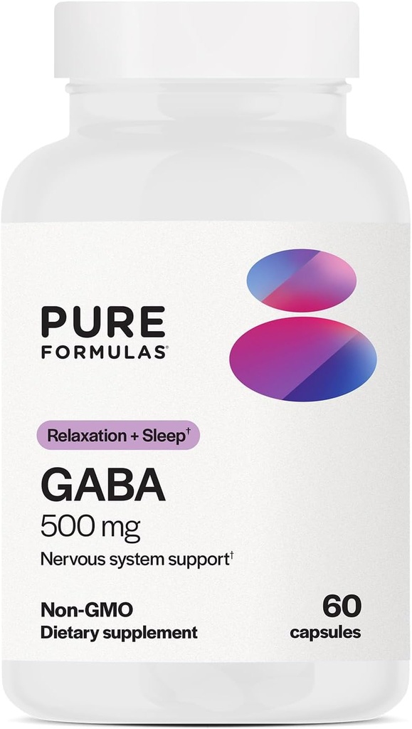 PureFormulas GABA 500 mg - 60 Capsules | Natural GABA Supplement (Gamma-Aminobutyric Acid)| Relaxant for Sleep Support, Pain Relief, Mood Balance, and Stress Reduction | Non-GMO, Gluten-Free