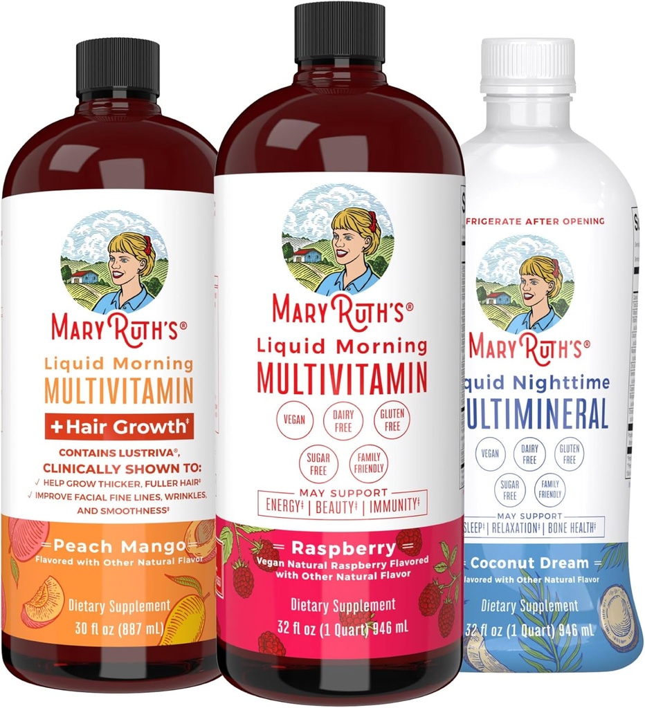 MaryRuth's Liquid Morning Multivitamins: +Hair Growth (Peach Mango), Daily Wellness (Raspberry), and Nighttime Multimineral (Coconut) | Vegan Vitamins for Beauty, Energy, & Bedtime | Non-GMO