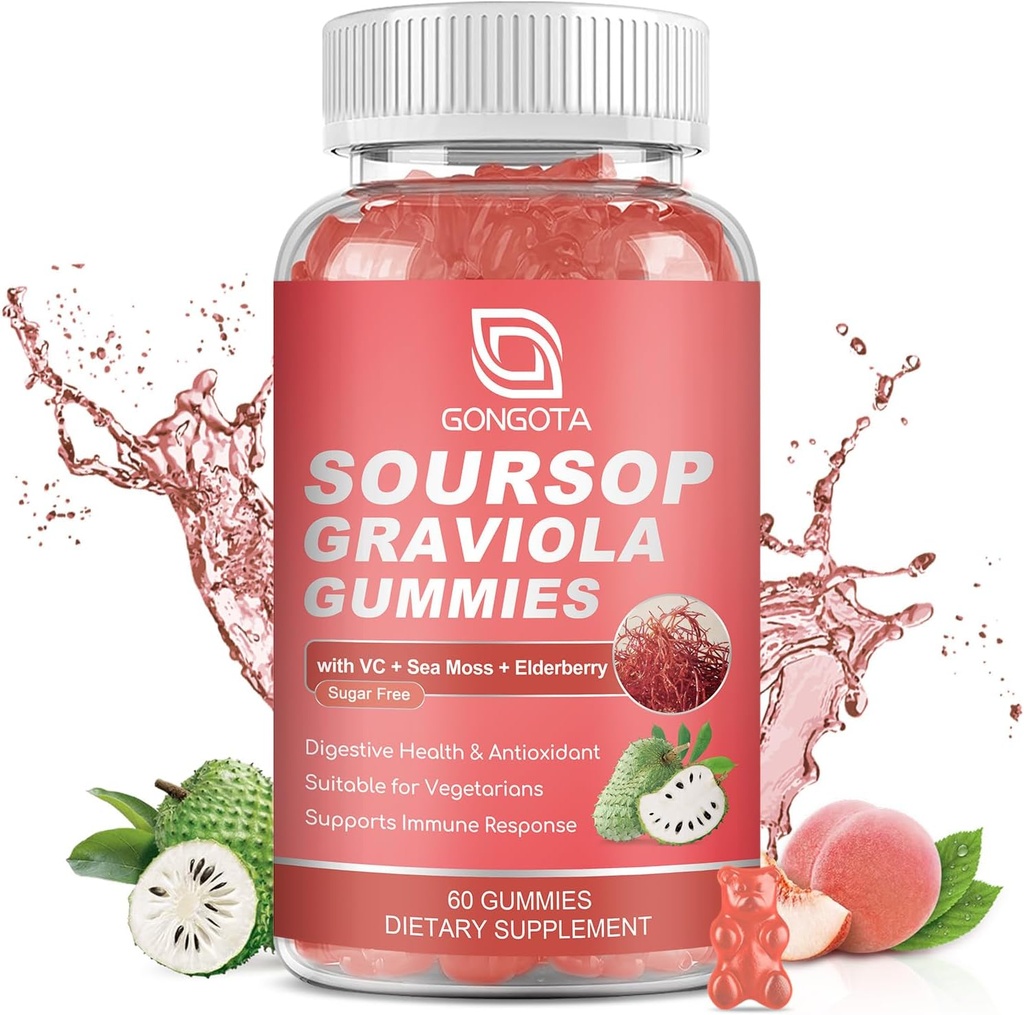 Soursop Graviola Gummies - 2200mg Extra Soursop Leaves Extract,Elderberry & Sea Moss & Zn, for Digestive, Immune, Antioxidant and Overall Health Support - Gluten Free, Vegan, 60 Gummies