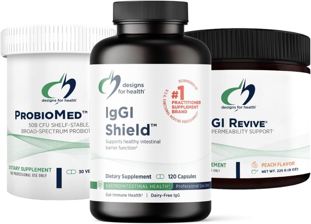 Designs for Health 3R Gut Reset Program - IgGI Immunoglobulin Capsules, ProbioMed 50 Probiotic, GI Revive to Soothe, Coat & Fortify (3 Products)