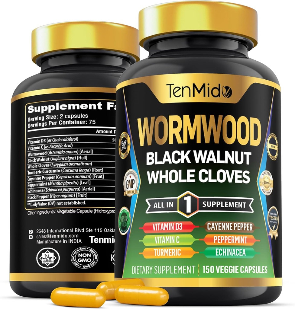Wormwood Capsules Supplement for Men and Women, 10in1 Formula with Black Walnut, Whole Cloves, Turmeric, Cayenne Pepper & More - Digestive, Immune Support - Nutrient Rich - 150 Capsules