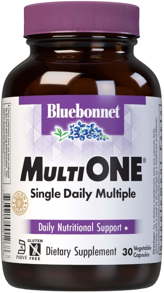 Bluebonnet Nutrition Mult One (with Iron), Daily Nutritional Support*, Vegetarian Friendly, Kosher Certified, Gluten-Free, Dairy-Free, 30 Vegetable Capsules, 30 Servings