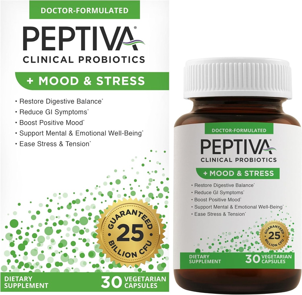 Peptiva Probiotics Mood & Stress - Stress and Mood Support, Digestive Support, Gut Health, 25 Billion CFU, Multi-Strain Probiotics, Lactobacillus Acidophilus, Bifidobacterium - 30 Capsules