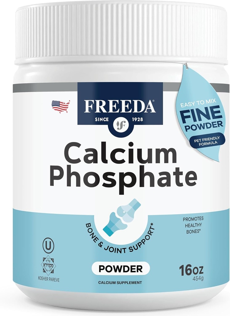 Freeda Calcium Phosphate Powder – Kosher Mineral Supplement for Bone & Joint Health in Men, Women, Dogs & Cats – Bone Strength Powder with Calcium and Phosphorus – No Vitamin D – Made in USA, 16oz
