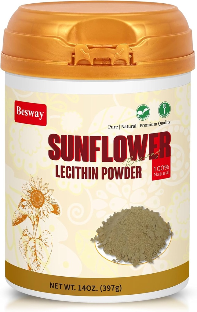Sunflower Lecithin Powder 14 oz (40 Serving), 100% Pure, Non-GMO, Natural Supplement for Brain Health, Heart Health, and Healthy Skin, Product of China