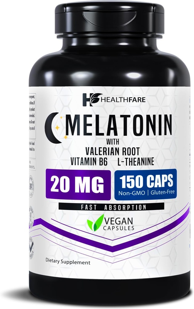 Healthfare Melatonin 20mg | 150 Veg Capsules | Complex with L-Theanine | Valerian Root & Vitamin B6 | Vegetarian Formula | Non-GMO | Gluten-Free | Made in The USA