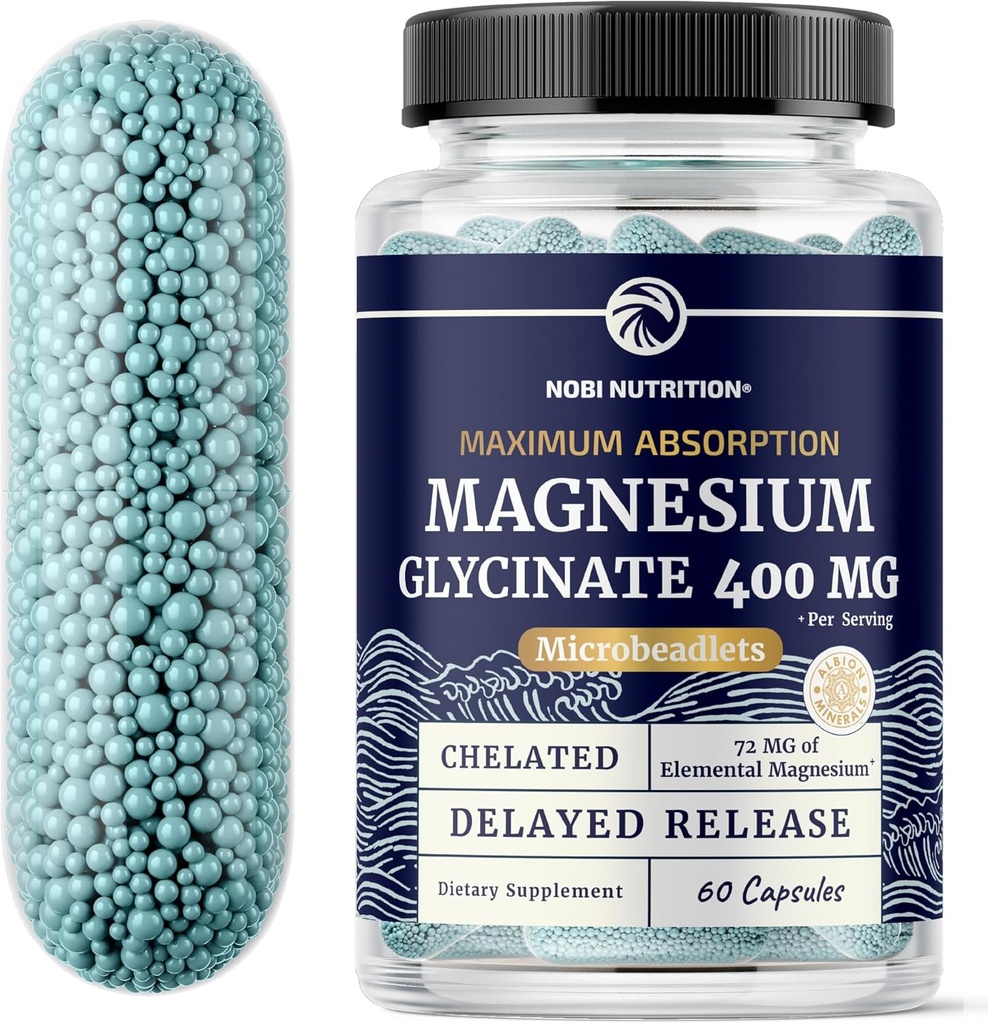 Magnesium Glycinate 400mg | High Absorption Magnesium for Sleep, Calm, Muscle Relaxation, Heart, Bone & Nerve Support for Women & Men | Advanced Microbeadlets | Chelated Mag Glycinate | 60 Ct.