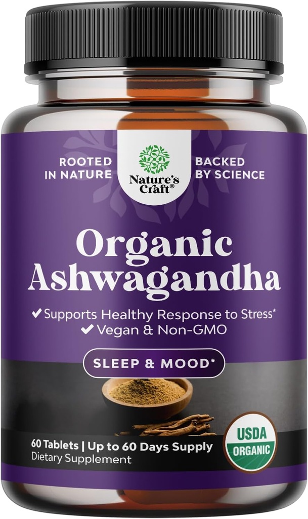 High Strength Organic Ashwagandha Supplements - Ashwagandha Organic Tablets for Mood Support & Hormone Balance for Women & Men - Root Extract Powder with Black Pepper for Better Absorption - 60 Ct