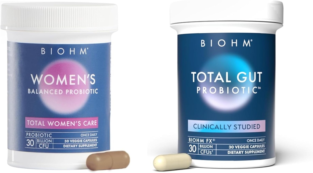 BIOHM Total Probiotic for Women Bundle, 30 Billion CFU Probiotics for Women’s Balanced, Natural, Digestive Enzymes, Clinically Studied, Non-GMO, 30 Servings Each