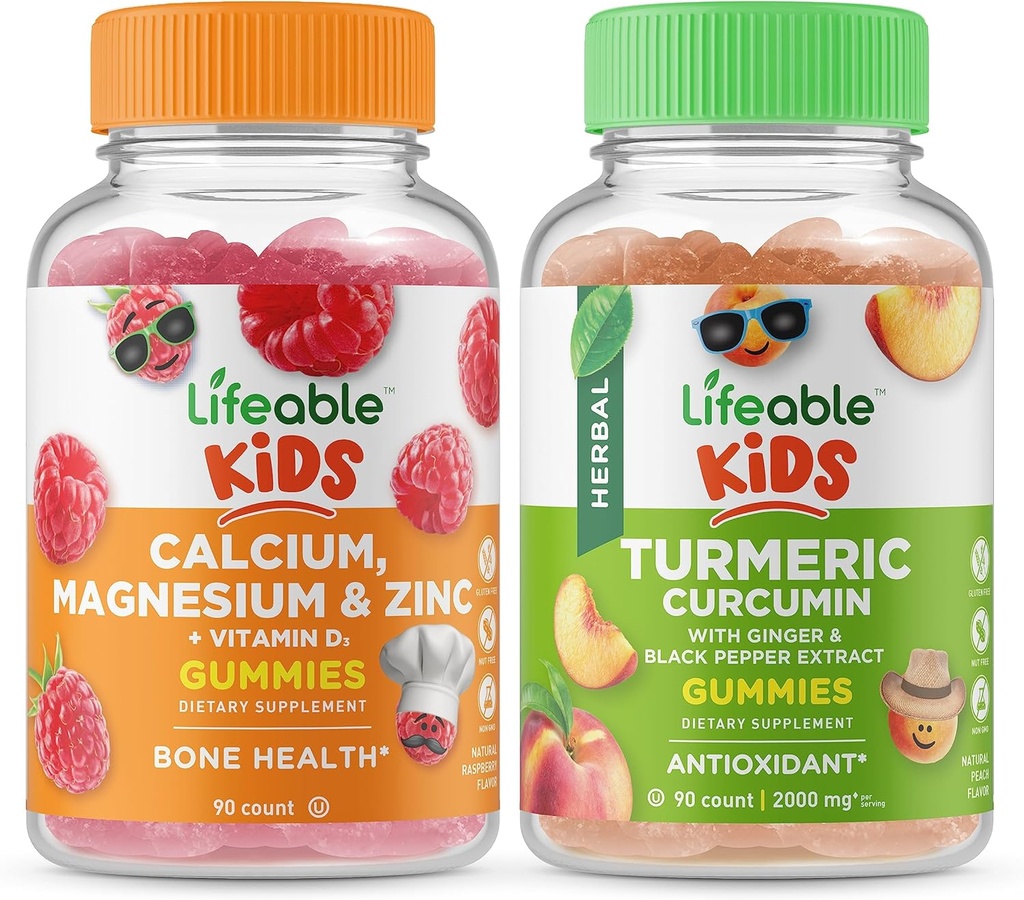 Lifeable Calcium Magnesium & Zinc Kids + Turmeric Curcumin Kids, Gummies Bundle - Great Tasting, Vitamin Supplement, Gluten Free, GMO Free, Chewable Gummy