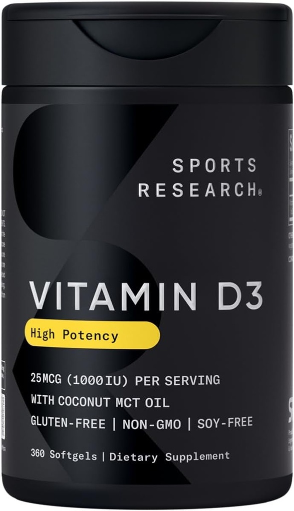 Sports Research® Vitamin D3 1000 IU with Coconut MCT Oil - High Potency Vitamin D Supplement for Immune & Bone Support - Gluten Free · Non-GMO · Soy Free - 360 Count Softgels