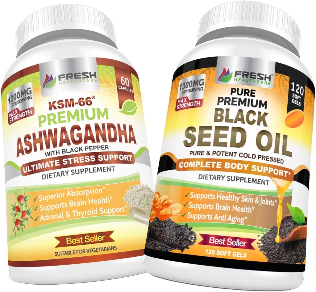 FRESH HEALTHCARE Ashwagandha KSM 66 and Black Seed Oil - Bundle