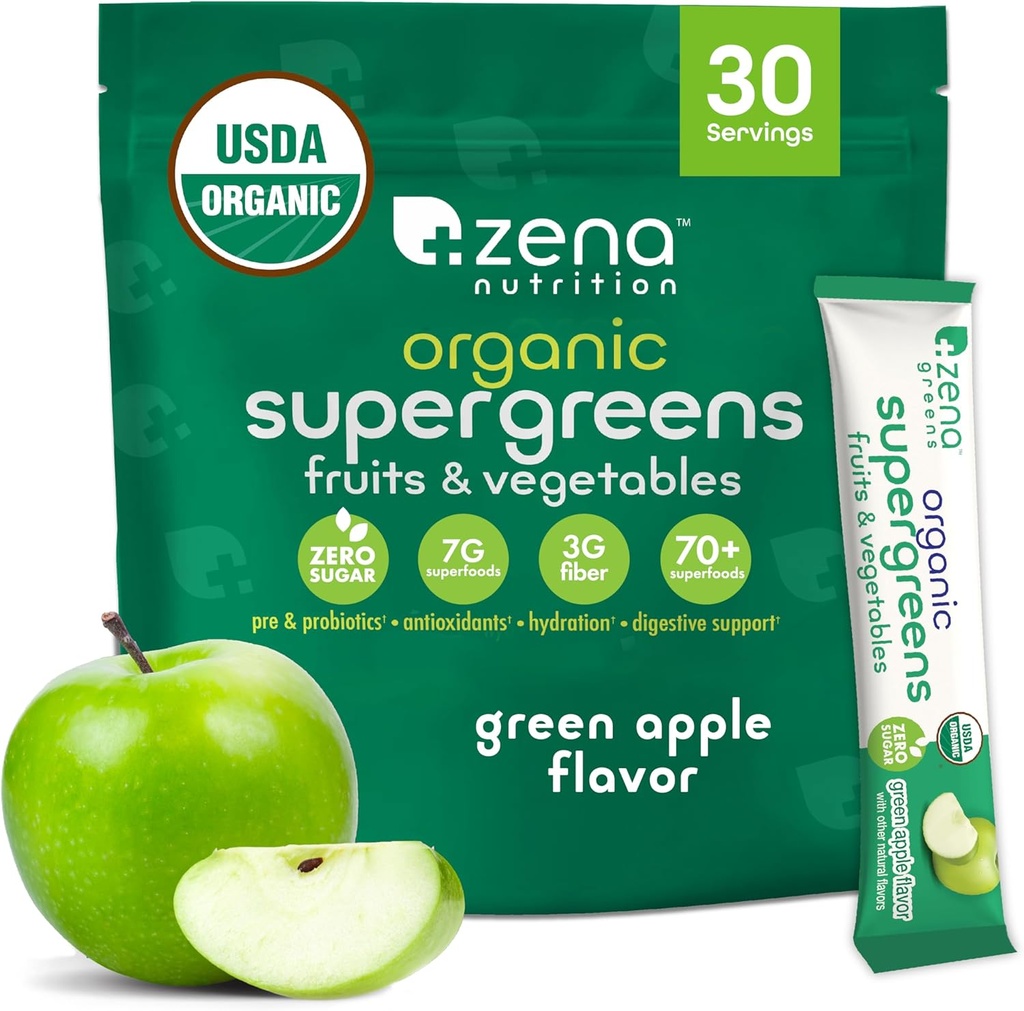 Zena Nutrition Organic Super Greens Powder, 70+ Superfoods, 0 Sugar, 3G Fiber, Spirulina, Chlorella, Antioxidants, Prebiotics/Probiotics, Digestive Enzymes, Green Apple, 30 Drink Mix Packets