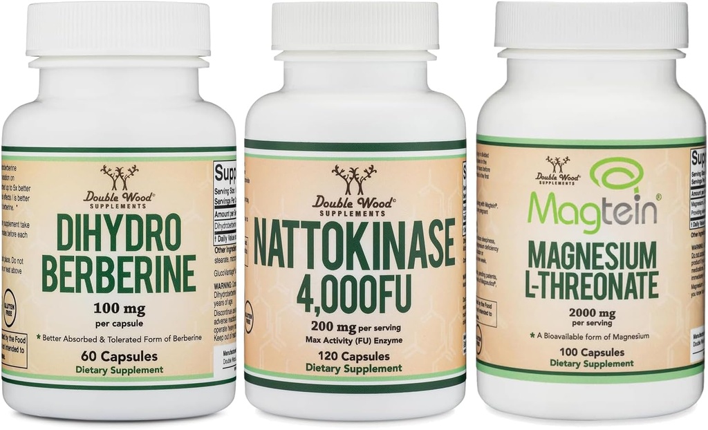 Double Wood Supplements Dihydroberberine 100mg (60 Capsules), Nattokinase 4000 FU (120 Capsules), Magnesium L Threonate 2000mg (100 Capsules)