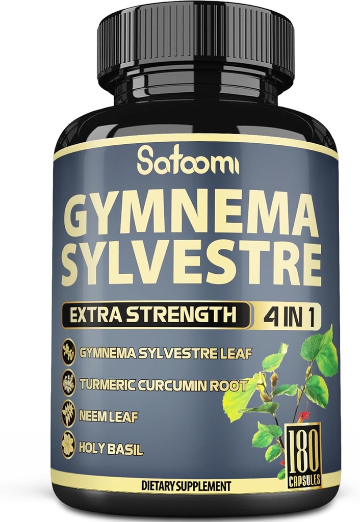 Satoomi Pure Gymnema Sylvestre Capsules Extract - 180 Capsules of 6 Month - Blended with Neem Leaf, Holy Basil & Turmeric Curcumin Root